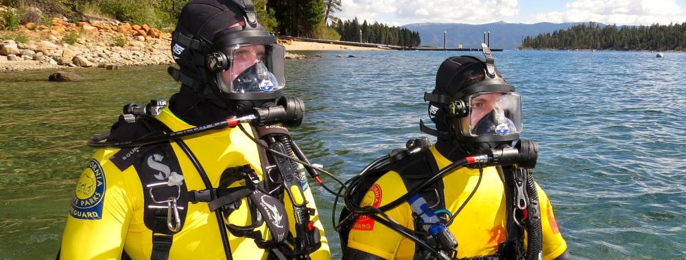 Two divers standing in water with forest background