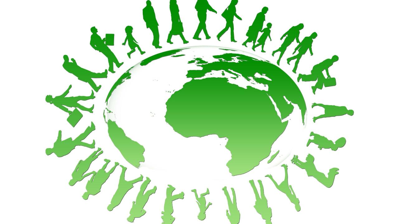 Illustration of green earth with people walking around it