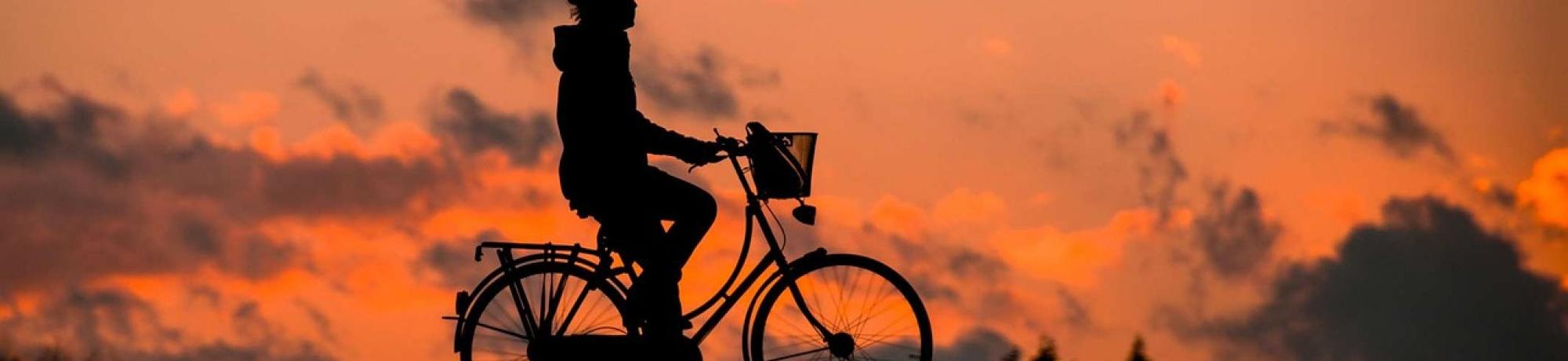 Silhouette of person riding bicycle at sunset