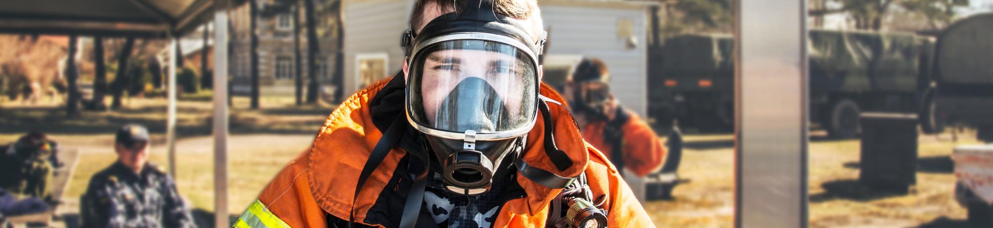 firefighter in SCBA respirator